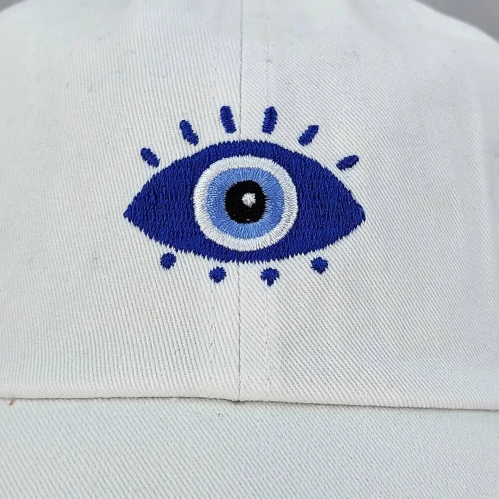 🔹️NWT David & Young White w/Blue Embroidered Evil Eye Hat One Size